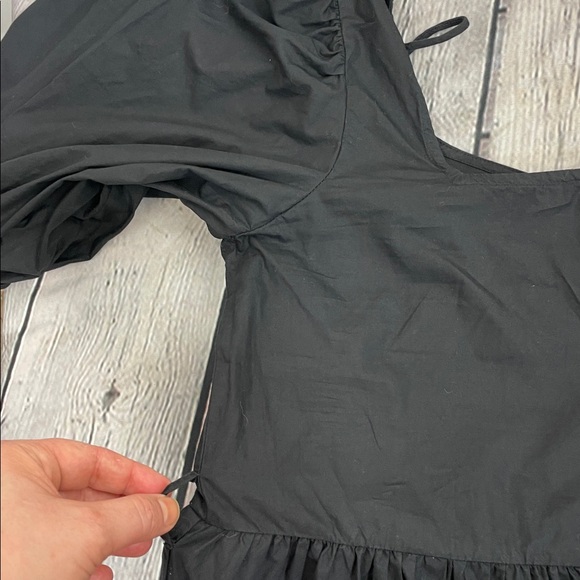 MNG Mango Black Square-Neck Puff Sleeve Mini Dress with White Floral Embroidery - Picture 13 of 16